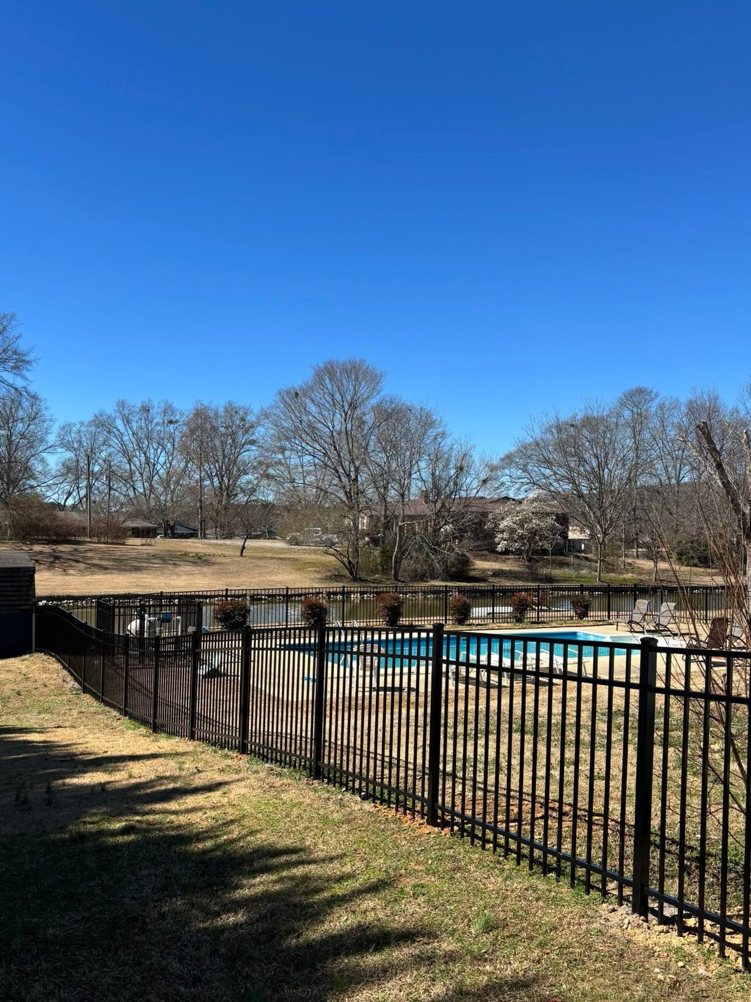 Black ornamental iron fence around pool with lake view